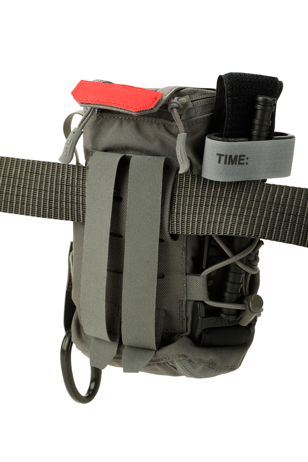 Tactical pouch with straps and a red label on a white background