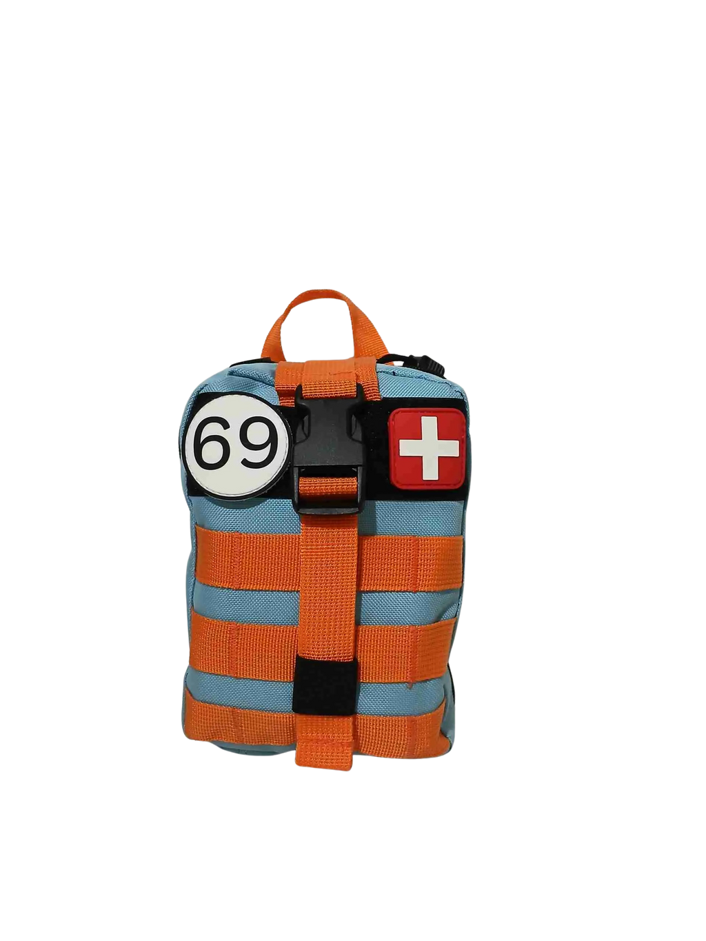 Multicolored bag with a number 69 and medical symbol on a white background