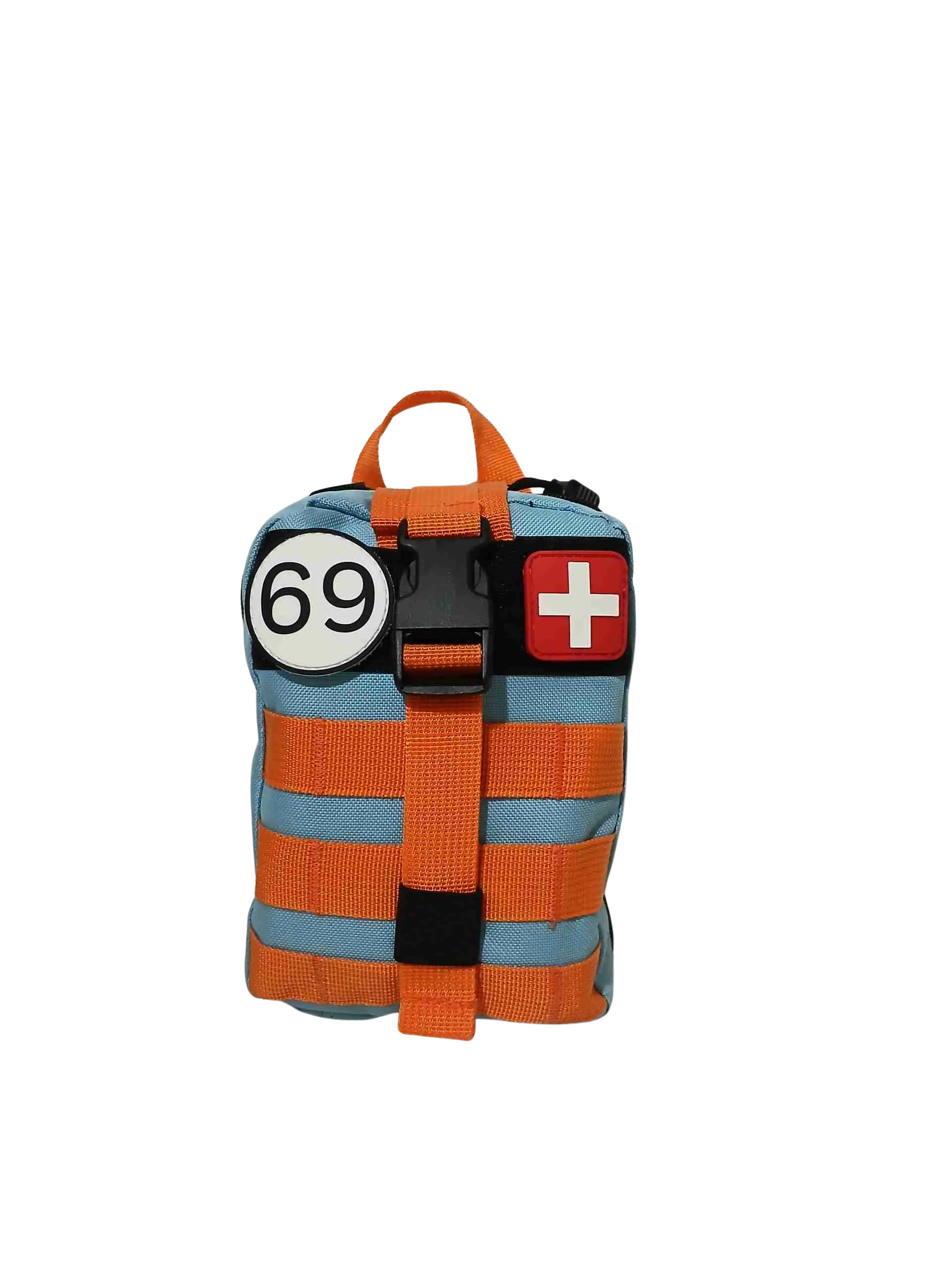 Multicolored bag with a number 69 and medical symbol on a white background