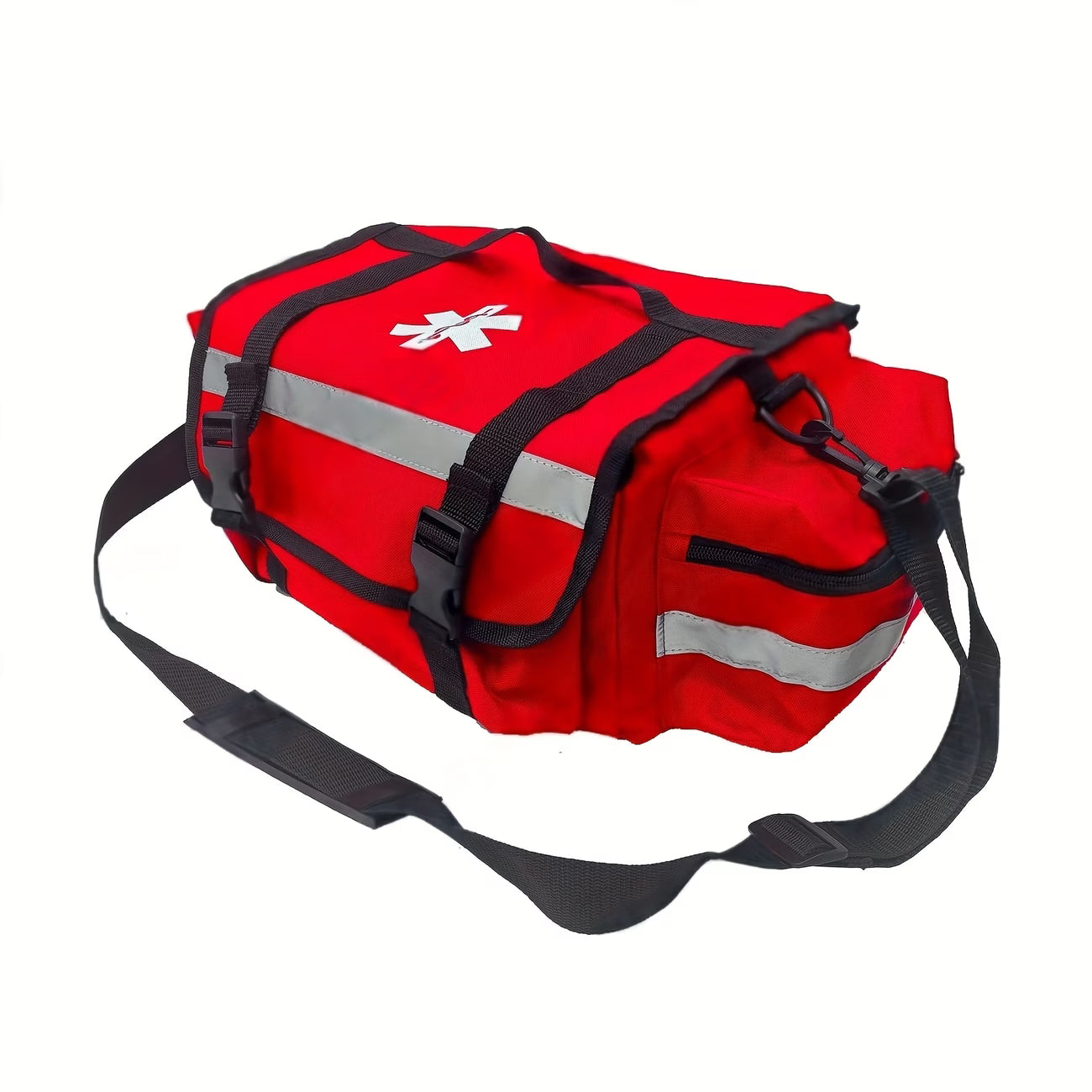 Red emergency bag with reflective stripes and a white cross symbol on a white background