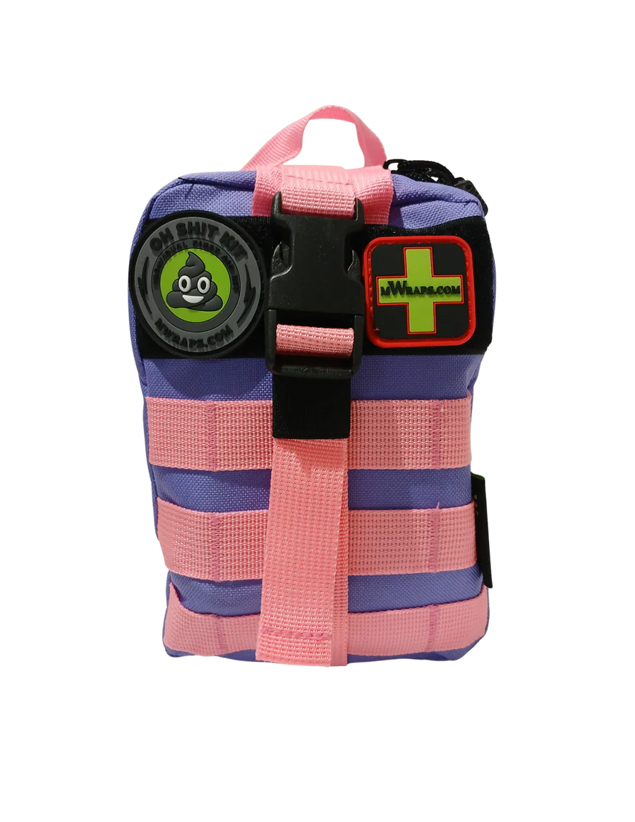 Pink and purple striped bag with a black strap and logos on a white background