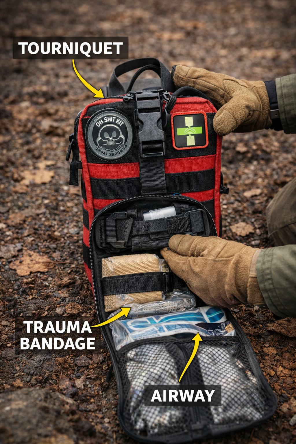 First aid kit with labeled components on a textured surface