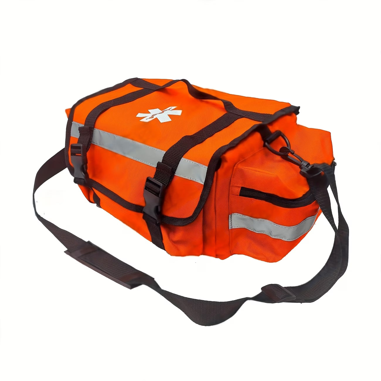 Orange emergency bag with reflective stripes and a cross symbol on a white background
