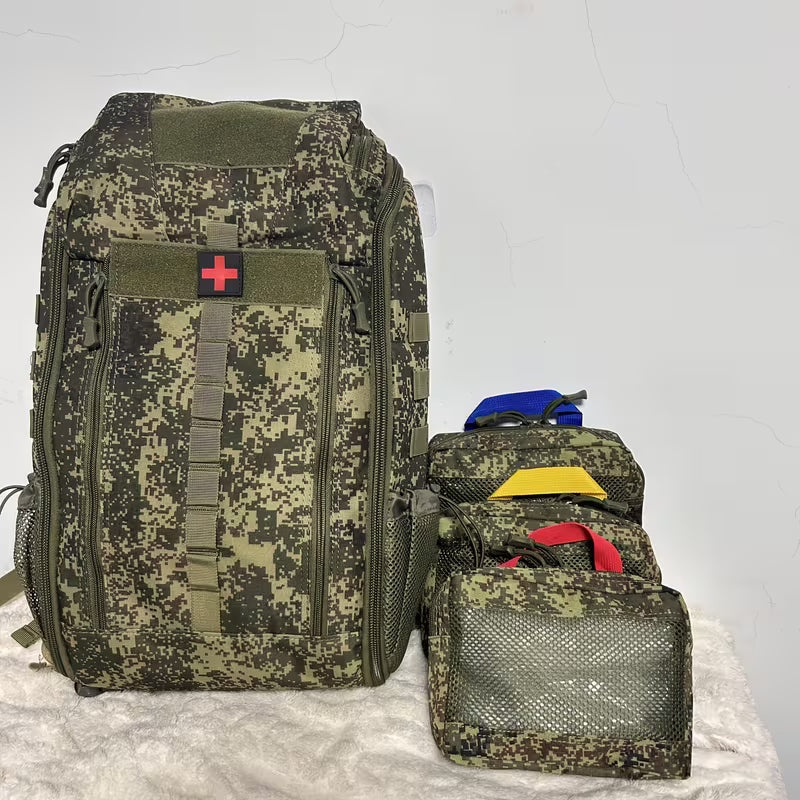 Camouflage backpack with smaller pouches on a white background