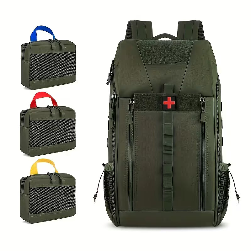 Green backpack with medical cross design and smaller green bags with colorful handles on a white background