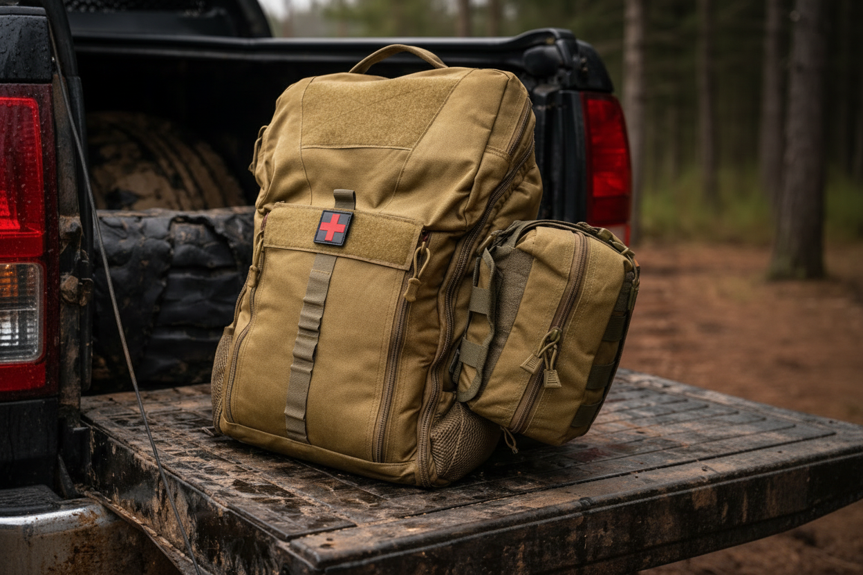 Brown backpack with tan pouch on a truck bed