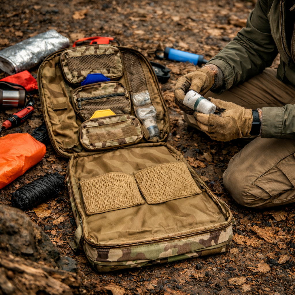 Camouflage tactical backpack with contents on a rugged outdoor surface