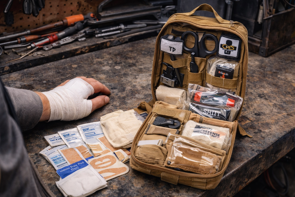 Individual first aid kit on a workbench with tools in the background
