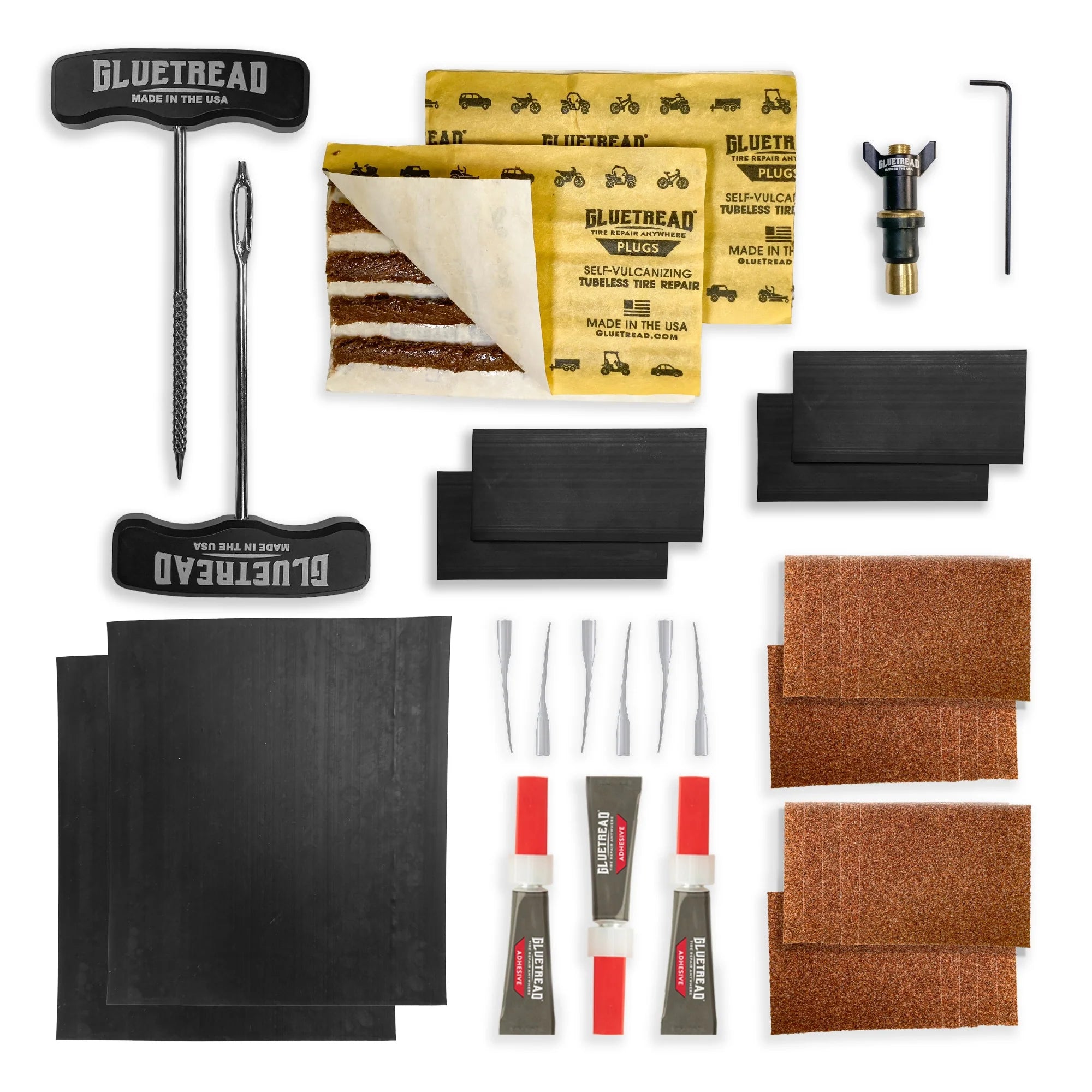 Complete Tire Repair Kit | GlueTread Sidewall + Plug + Valve Fix