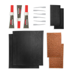 Collection of automotive repair parts including black pads, red and gray tools on a white background