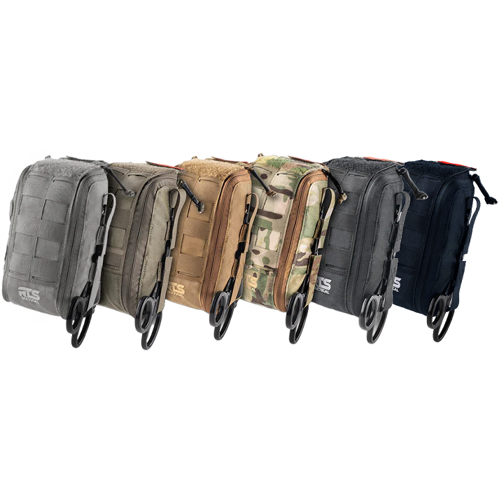 Set of tactical pouches in various colors on a white background