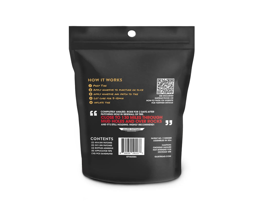 Black packaging with text and a QR code on a white background