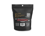 Black packaging with text and a QR code on a white background