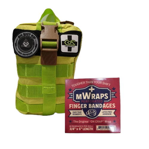 Green tactical wrap with brown strap and MWraps packaging on a white background