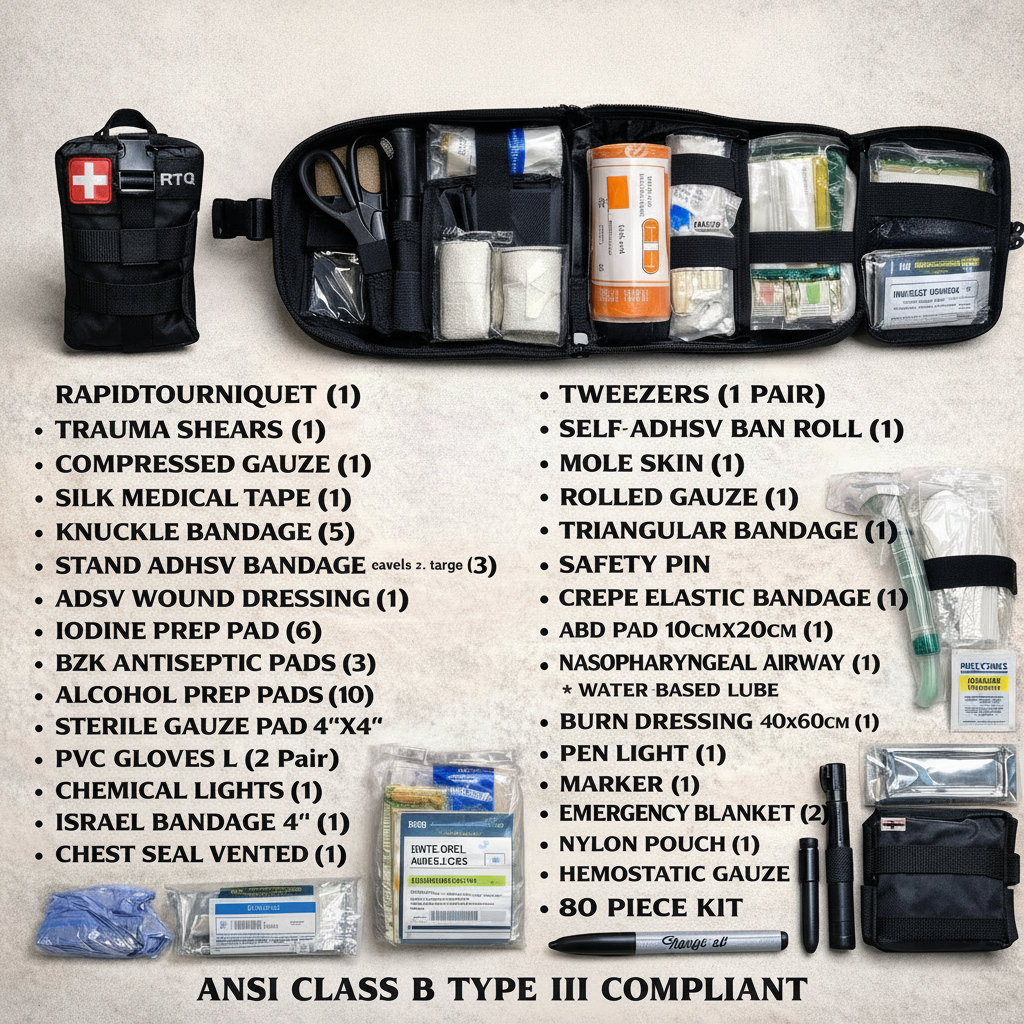 Emergency kit with labeled components on a gray background