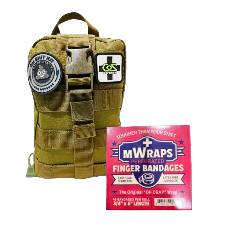 Tactical pouch with patches and a package of M-Wraps finger bandages on a white background