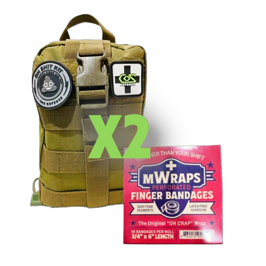 Tactical pouch with patches and a package of M-Wraps finger bandages on a white background