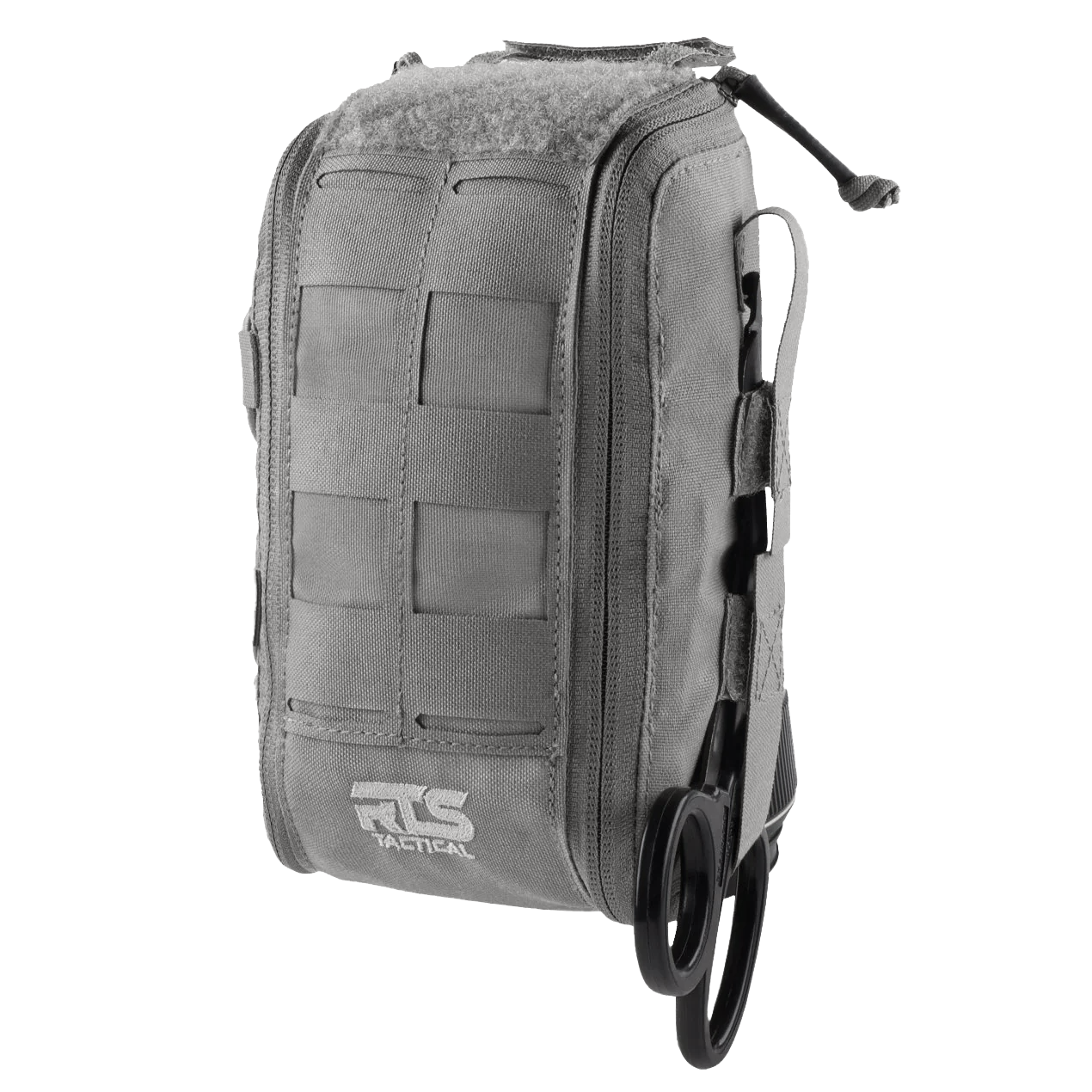 Gray tactical pouch with multiple pockets and a visible brand logo on a white background