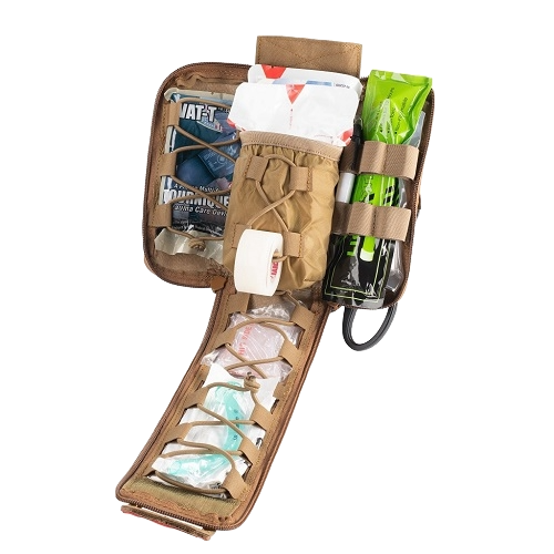 Open first aid kit with various supplies on a white background