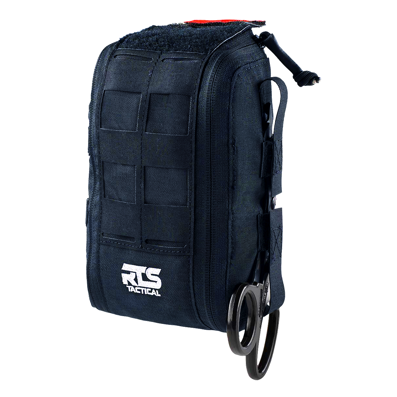 Black tactical backpack with a tool attached on a white background, featuring the RTS Tactical logo.