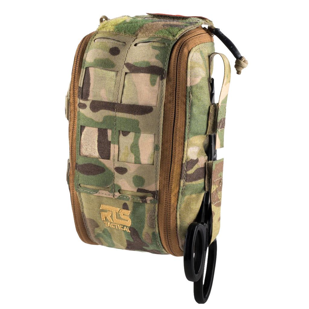 Camouflage tactical pouch with scissors on a white background