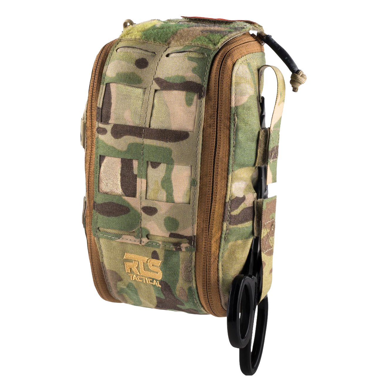 Camouflage tactical pouch with scissors on a white background