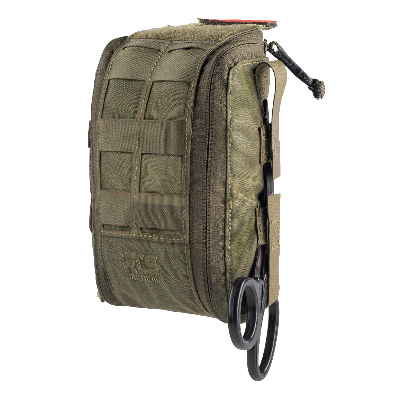 Olive green tactical pouch with black scissors on a white background