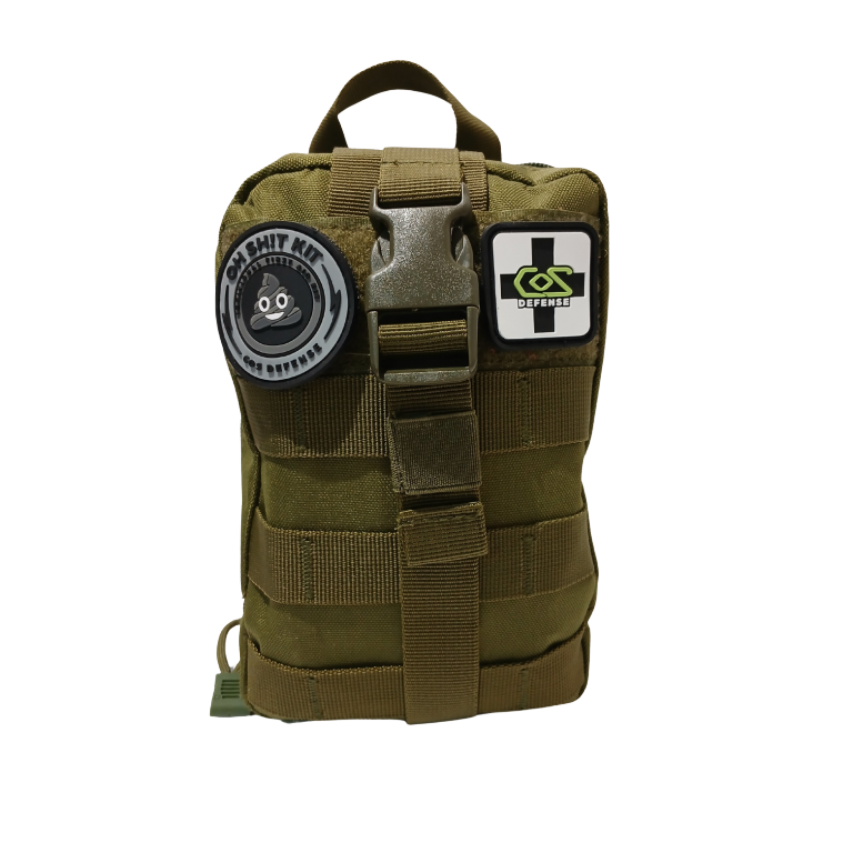 Green tactical pouch with patches on a white background