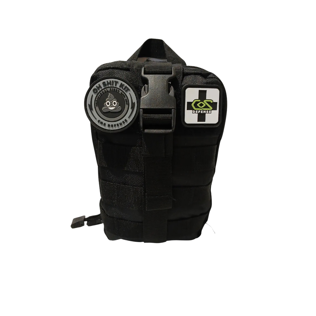 Black tactical pouch with patches on a white background