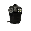 Black tactical pouch with patches on a white background