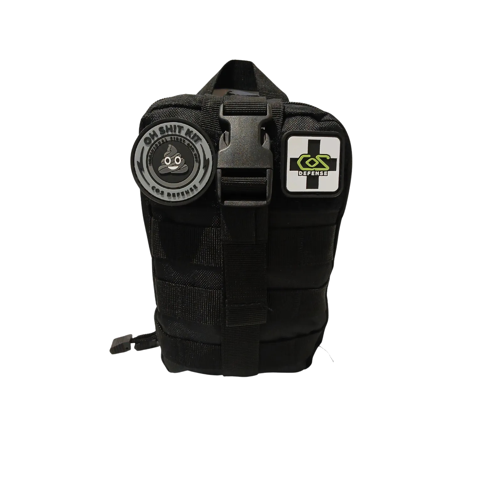 Black tactical pouch with patches on a white background
