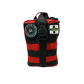 Red and black pouch with a label on a white background