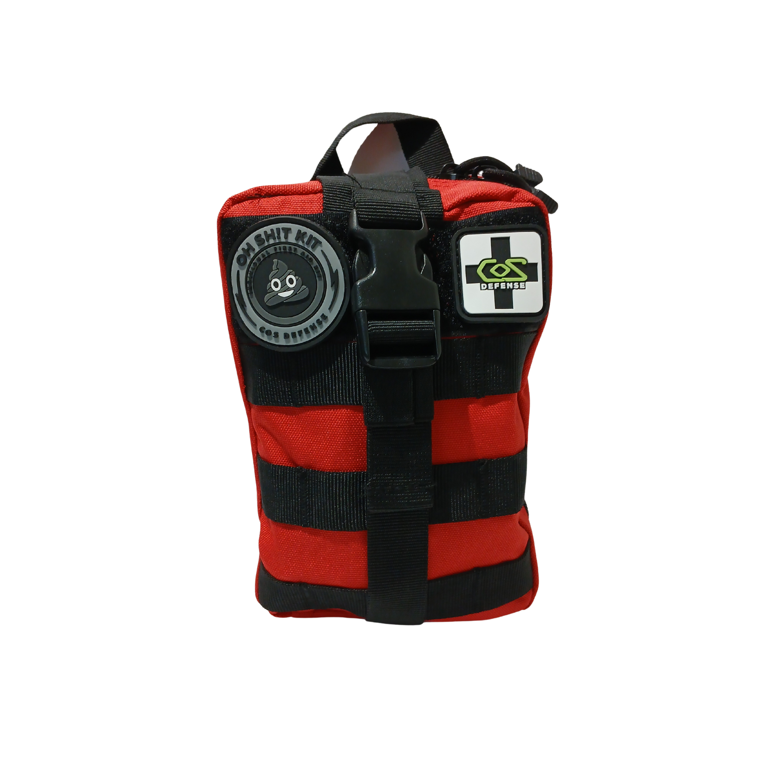 Red and black pouch with a label on a white background