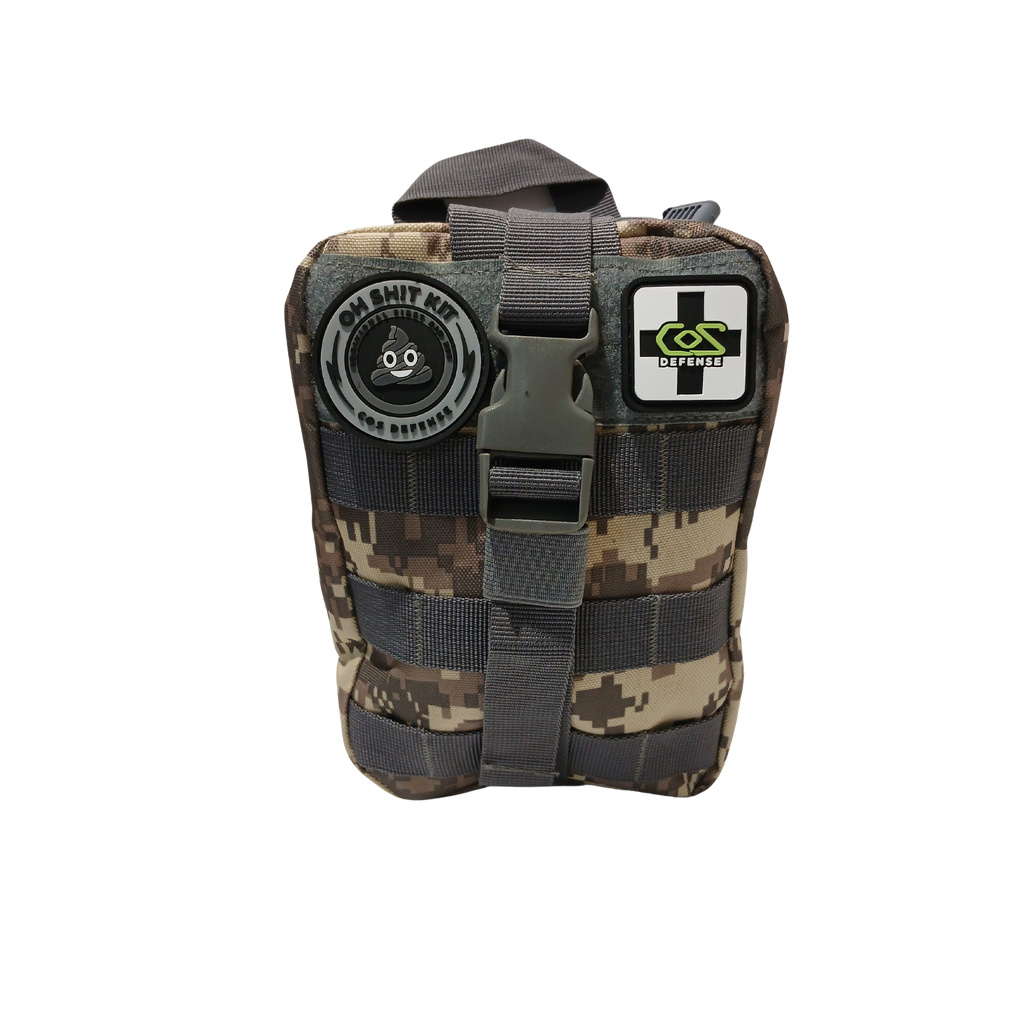 Camouflage tactical pouch with visible branding on a white background