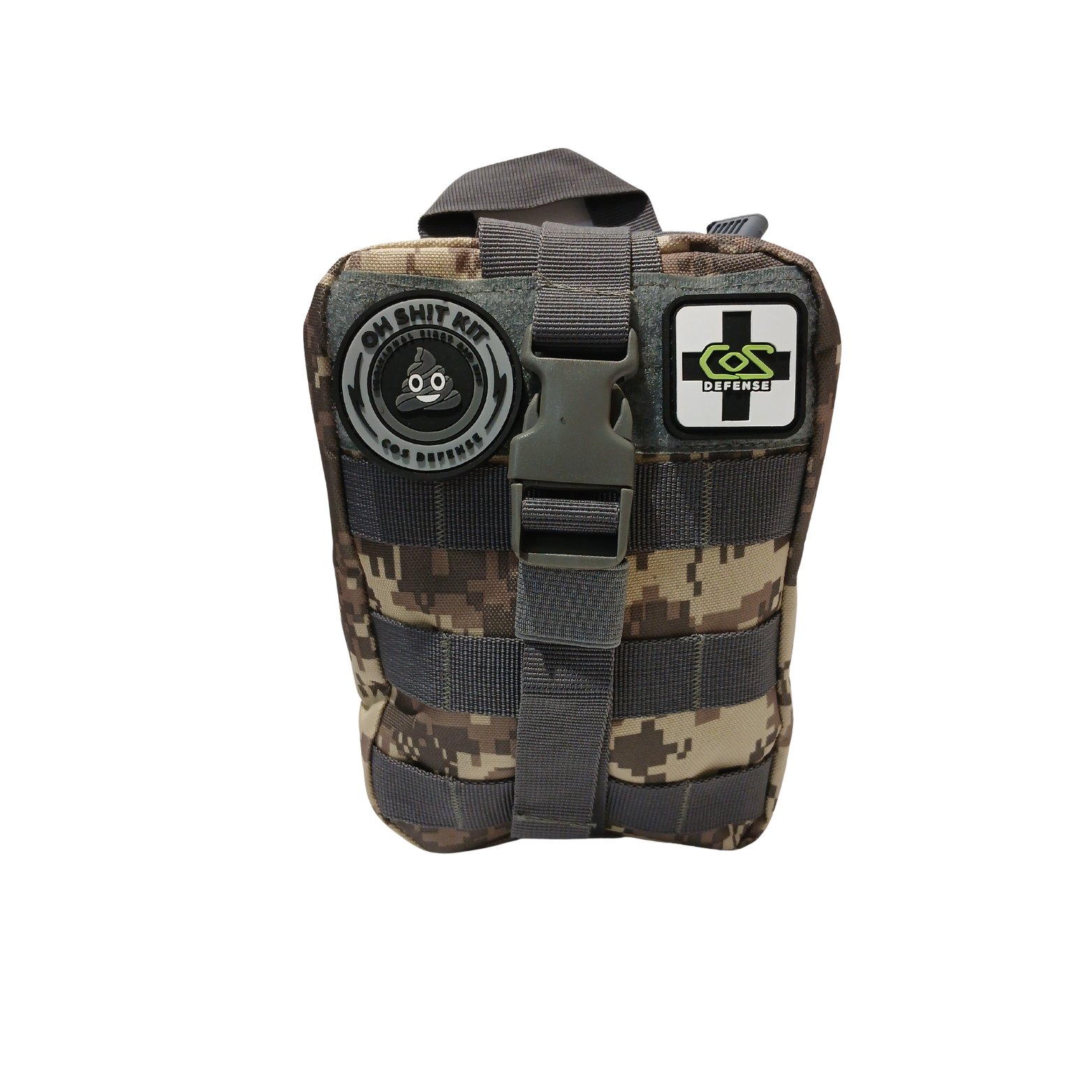 Camouflage tactical pouch with visible branding on a white background