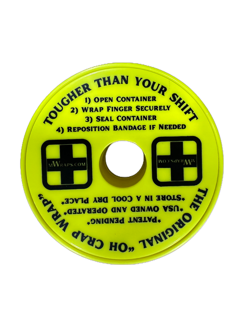 Yellow circular container with text and branding on a white background