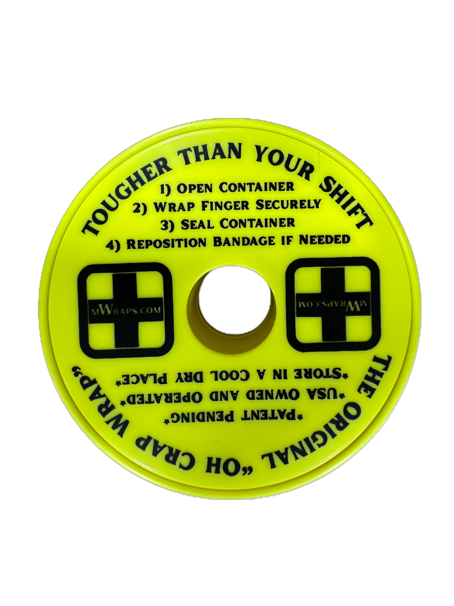Yellow circular container with text and branding on a white background