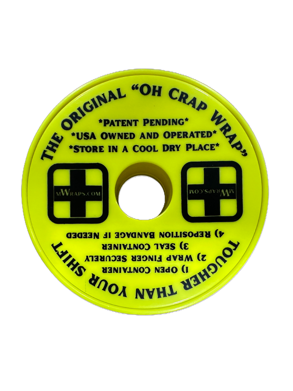 Yellow circular container labeled 'The Original Oh Crap Wrap' on a white background