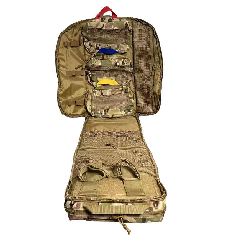 Camouflage backpack with open compartments on a white background