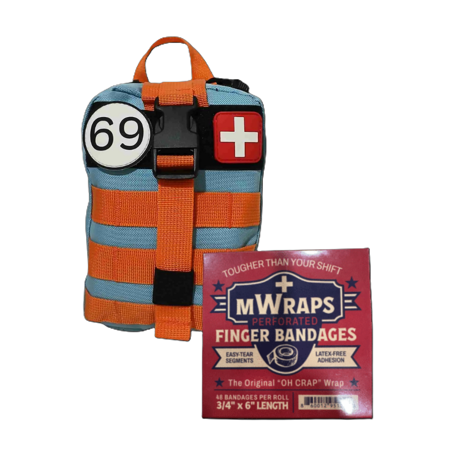 Striped pouch with a bandage holder and MWraps packaging on a white background