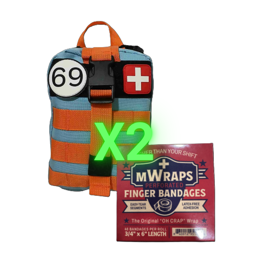 Colorful bandage pack with a bandage roll and MWraps packaging on a white background