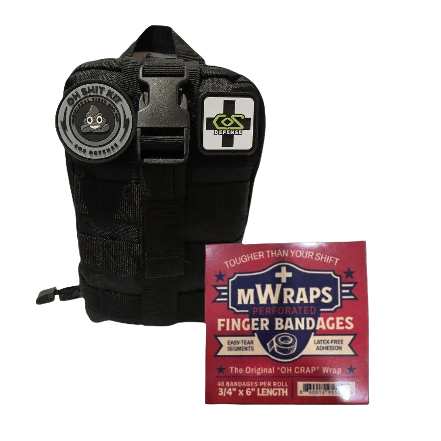 Black tactical pouch with logos and a box of M-Wraps finger bandages on a white background