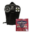 Black tactical pouch with logos and a box of M-Wraps finger bandages on a white background