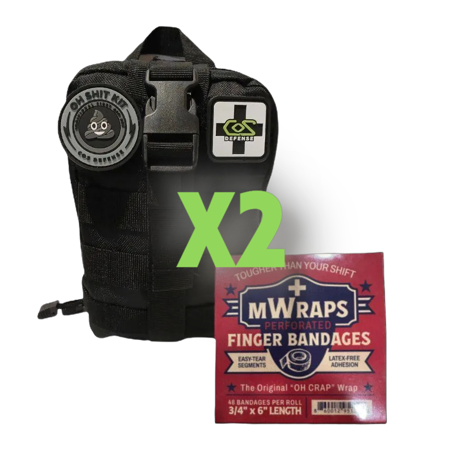 Black tactical pouch with a strap and MWraps finger bandages packaging on a white background