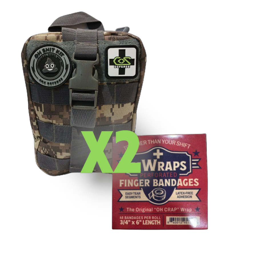 Camouflage first aid kit with G&F Defense branding and a box of finger bandages on a white background.