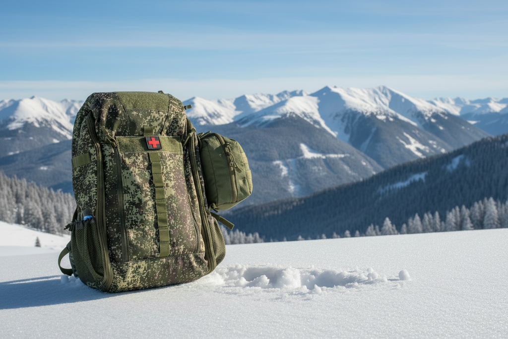 Camouflage backpack with a red cross on a white background