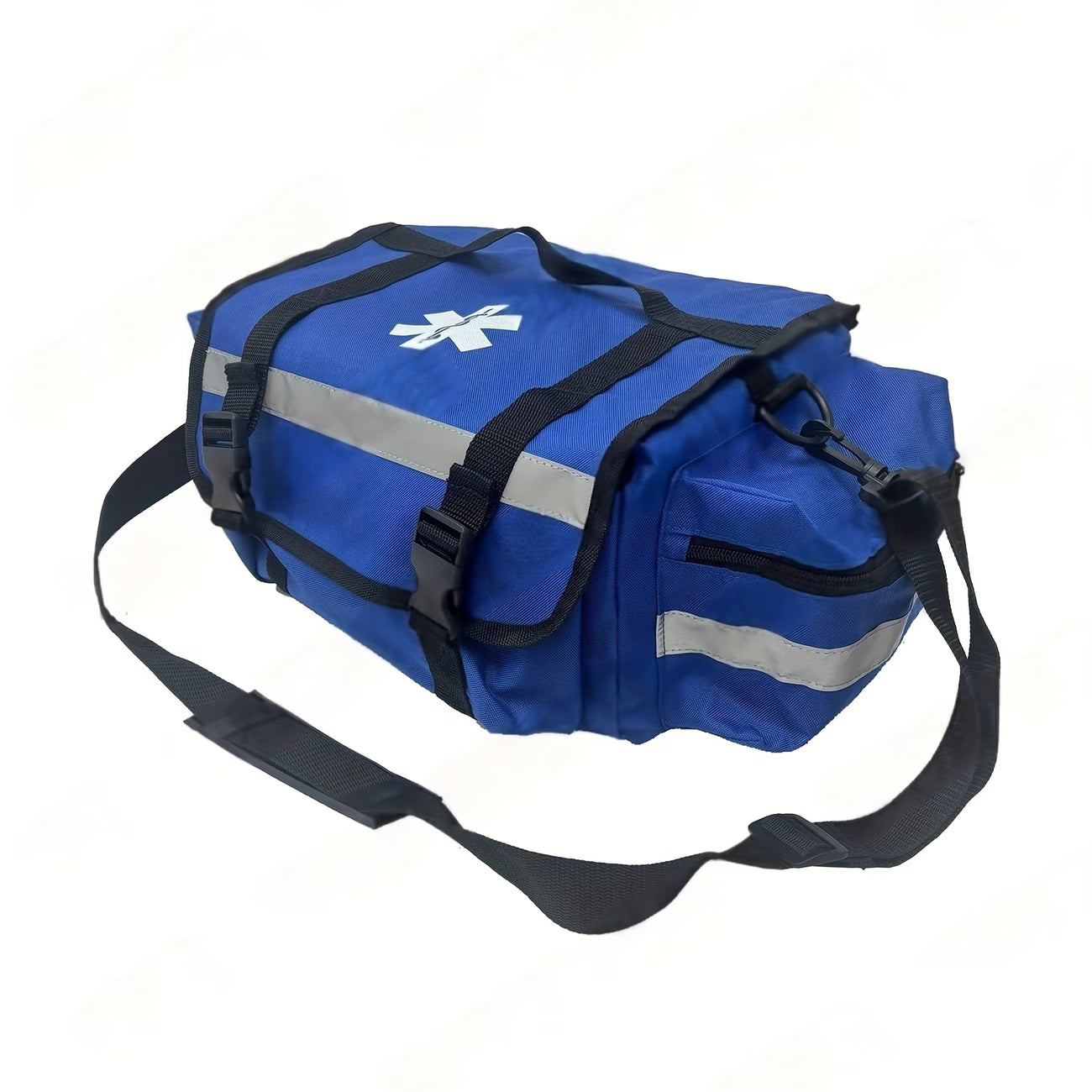 Blue emergency bag with a star of life symbol on a white background