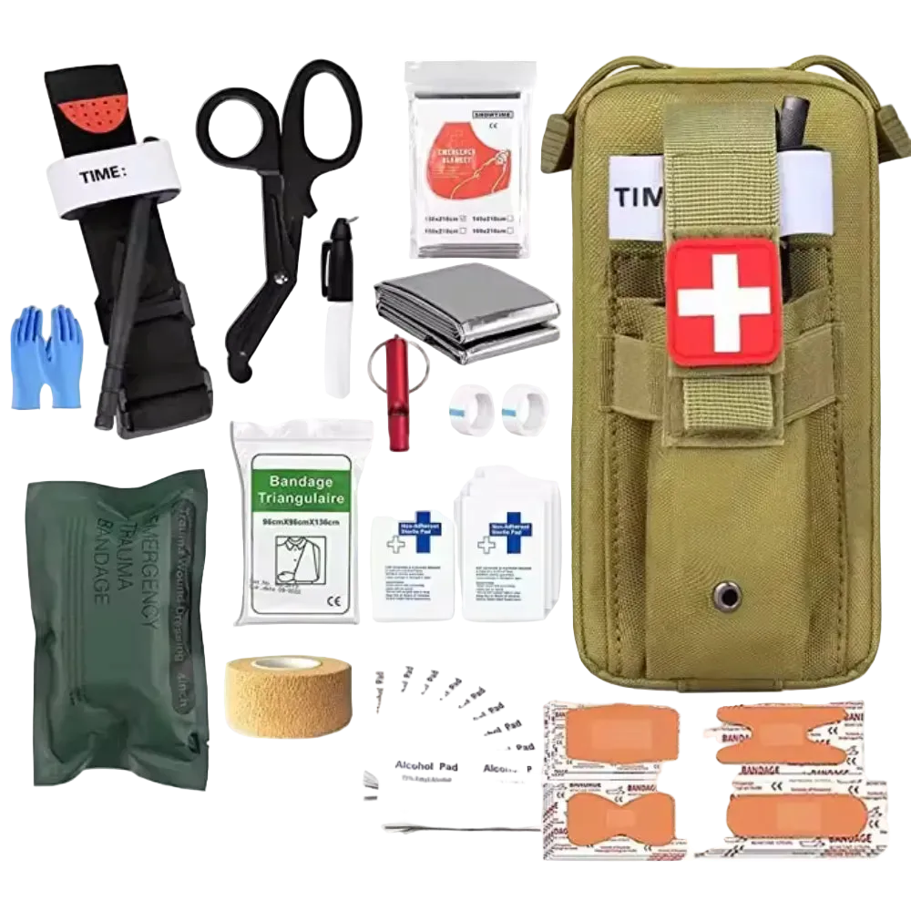 First aid kit with various components on a white background