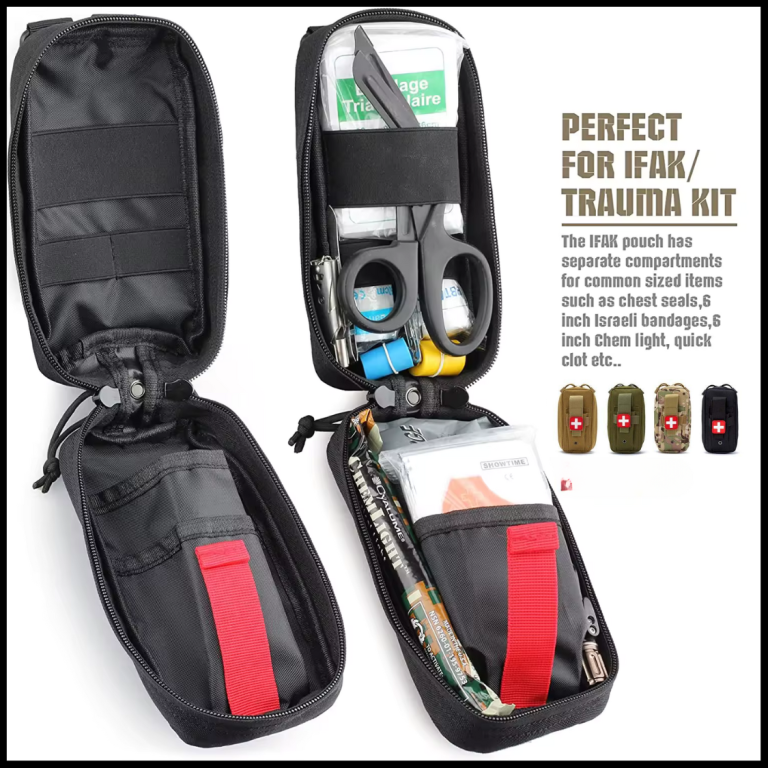 Black and red IFAK (Intra-Facial Airway Kit) pouch with compartments on a white background