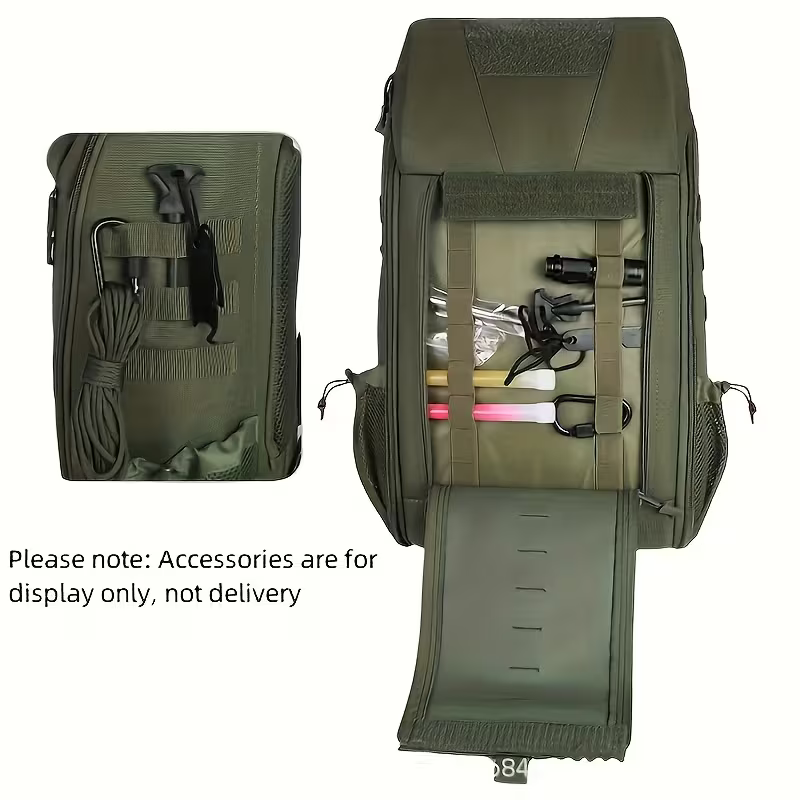 Green tactical bag with compartments and tools on a white background
